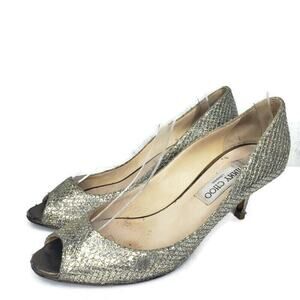 Jimmy Choo Made In Italy Isabel Silver Glitter Peep Toe Pump Womens Heels 37.5